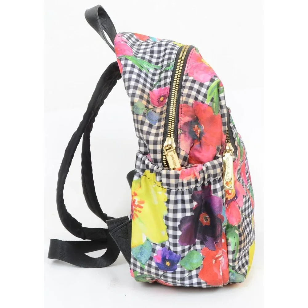 Betsey Johnson Black/White‎ Gingham w/Colorful Florals Multi Pocket Backpack